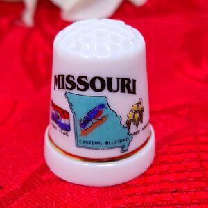 Vintage Missouri Mo Porcelain Thimble Sewing State Flag Bird Flower
